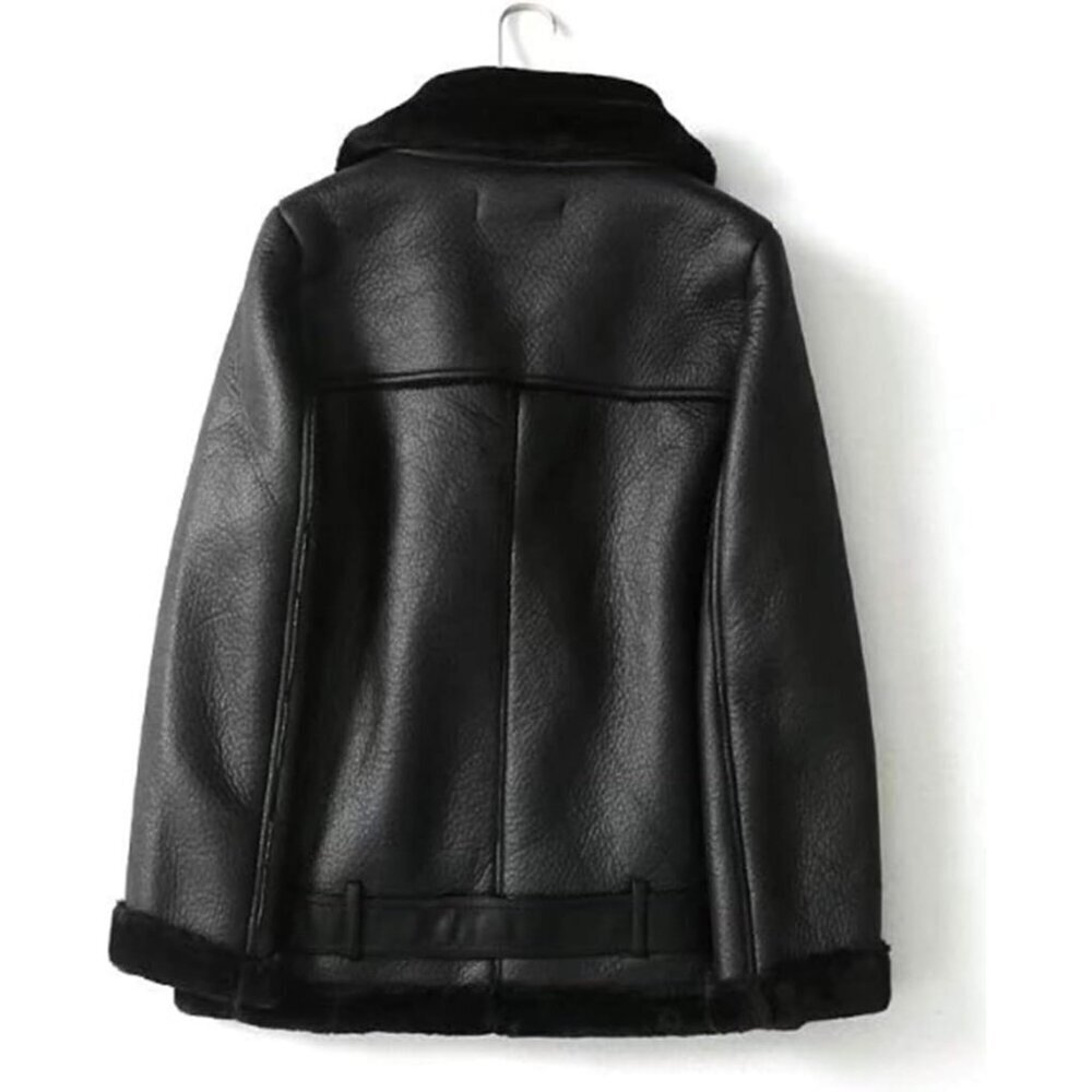 🆕Women Black Faux Shearling Moto Jacket Thick Lined Winter Leather Coat Parka - Picture 2 of 7